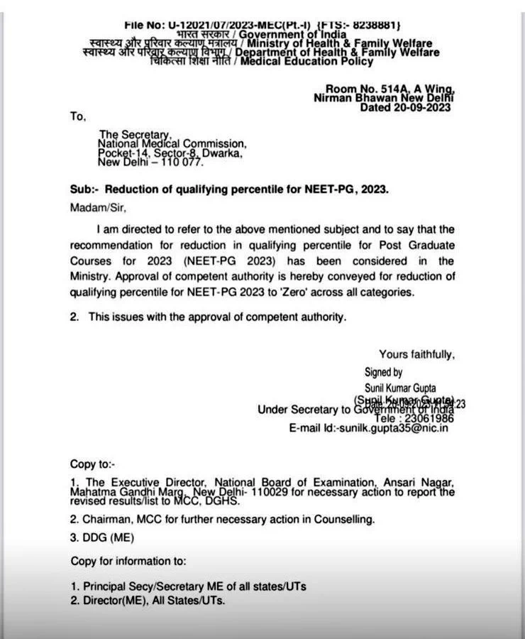 NEET-PG 2023 cut-off reduced to zero